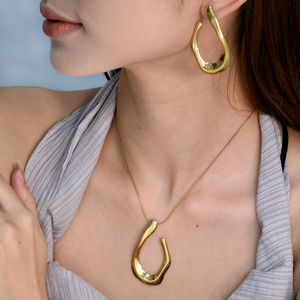 18K Gold Plated Stainless Steel Irregular Open Hoop Jewelry <b>Set</b>, Waterproof Organic Teardrop Earrings & Pendant Necklace for Wom - Product Image 1