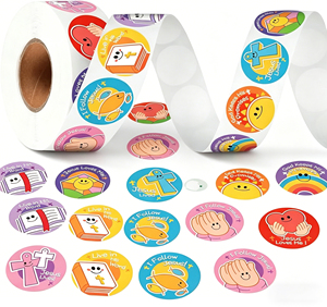 Autocollants religieux pour enfants, symboles chrétiens, étiquettes en rouleau, sourires assortis, autocollants Jésus, croix chrétienne, Bible, cœurs - Product Image 1