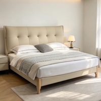 Cadre de lit en cuir avec tête de lit capitonnée, pieds en bois, lit plateforme moderne et minimaliste, taille King ou Queen, meubles de chambre à coucher