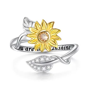 Sterling Silver You Are My Sunshine Sunflower CZ Heart Ring Adjustable Rings Size 5-9