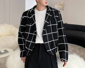 ファッションシックなチェック柄ジャケットメンズ韓国風ツイード新しいルーズ長袖ヴィンテージ秋冬ショートコート - Product Image 3