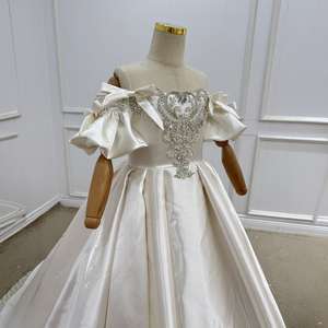 Vestidos de niña de las flores Wn1788 de satén color marfil, largos hasta el suelo, con lazo, manga abullonada y cuentas, 100% poliéster, para fiestas de cumpleaños - Product Image 3