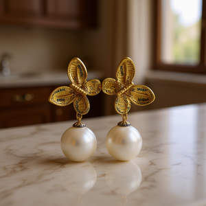 E3373 Orecchini pendenti a forma di farfalla in oro bianco con montatura a castone con perle coltivate AAA per donna, stile classico da matrimonio - Product Image 2