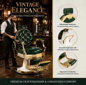 Sillón de Barbería Hidráulico Verde Dorado Vintage, Mueble de Salón Reclinable para Hombres - Product Image 1