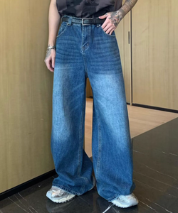 Pantaloni da Uomo <span class=keywords><strong>Streetwear</strong></span> di Alta Qualità Jeans Lavaggio <span class=keywords><strong>Vintage</strong></span> da Uomo Pantaloni Lunghi Larghi a Gamba Dritta con Tasche a Cerniera - Product Image 4