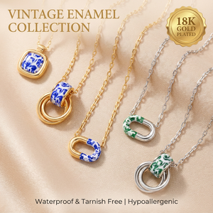 Collana Placcata <span class=keywords><strong>Oro</strong></span> 18K con Smalto <span class=keywords><strong>Blu</strong></span> e Bianco, Impermeabile, Antiossidante, Stile Chinoiserie, Ipoallergenica, con Ciondolo per Donne - Product Image 1