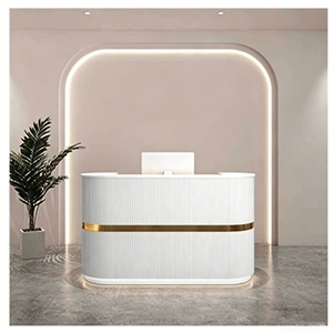 CR159 Comptoir de réception de luxe moderne blanc et or, comptoir de caisse incurvé avec éclairage LED, en panneau de bois densifié, pour hôtel - Product Image 1
