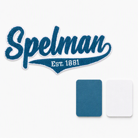 Patch brodé en chenille personnalisé |   Marque de texte en écriture cursive bleu-gris avec bordure blanche et inscription EST. 1881 Banner, Applique à coudre