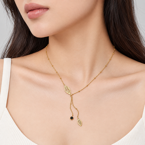 สร้อยคอแบบลาเรียต สแตนเลสสตีล ประดับเพชรคิวบิกเซอร์โคเนีย ชุบทอง 14K แบบสุญญากาศ ลายใบไม้ พร้อมลูกปัดสีดำ - Product Image 5