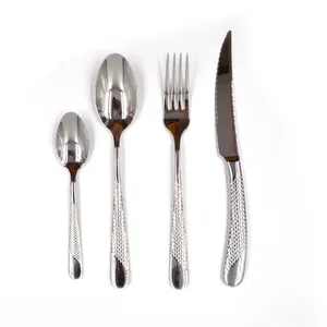 Gương đánh bóng búa xử lý thép không gỉ thiết lập dao kéo cá Quy mô Flatware đặt nĩa muỗng dao số lượng lớn Bạc Bộ