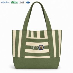 Fashion Modern Green Striped Heat Transfer <b>Medium</b> 10oz Cotton Canvas Tote <b>Bag</b> Reusable Shopping Shoulder Handbag for Ladies - Product Image 1