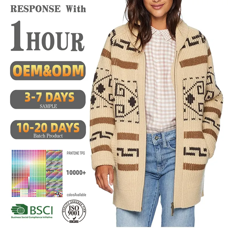 Đan Áo Len Nhà Cung Cấp Mùa Đông Màu Xám Jacquard In Len Đan Dây Kéo Đầy Đủ Dài Cardigan Dệt Kim Áo Len Cho Phụ Nữ