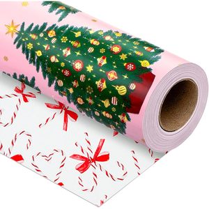 Yarcony Girl Christmas Wrapping Paper Roll 17 Inch X 33 Feet Pink Tree <b>Candy</b> <b>Cane</b> Bow Design Easy Tear Decorative Paper - Product Image 1