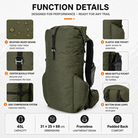 Sac à dos de camping personnalisable flexible 45L avec dos rembourré, sac à dos de randonnée fonctionnel