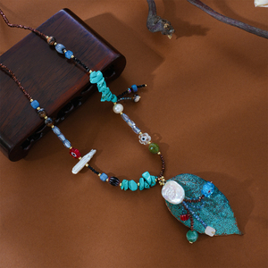 Collier Statement Bohème Vintage <span class=keywords><strong>en</strong></span> Perles d'Eau Douce et Turquoise Naturelle avec Pendentif Feuille d'Arbre pour Femme - Product Image 6