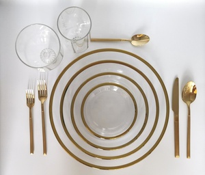 INT Tableware wedding decoration gold rim glass dinner plate clear round cheap charger plates