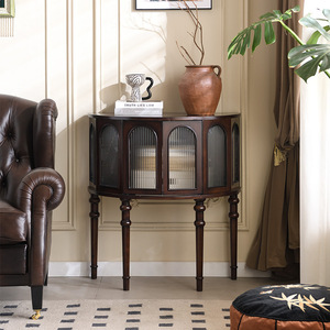 Semi Circular Entryway <b>Table</b> Vintage French Style Solid Wood <b>Console</b> Cabinet With Glass Doors For Foyer <b>Storage</b> - Product Image 1