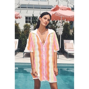 Abito Polo Oversize da Donna in Maglia con Motivo a Onde Rosa, <span class=keywords><strong>Arancione</strong></span> e Giallo, Realizzato in Cotone Lavorato a Maglia all'Uncinetto - Product Image 1