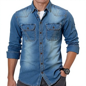 Chemise en jean pour homme TRIBON SPORTS, manches longues, couleur unie, délavage moyen, coton respirant, coupe ajustée, col rabattu, surpiqûres décontractées - Product Image 1