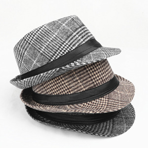 Fedora <b>Hats</b> <b>Men</b> <b>Wool</b> Plaid <b>Hat</b> Black Band Casual Spring Autumn England Style Adult Male <b>Hat</b> - Product Image 1