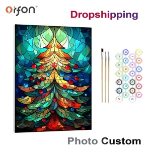 Kit de <span class=keywords><strong>Peinture</strong></span> par Numéros DIY pour Adultes, Motif Vitrail Arbre de Noël et Boules de Noël, Art Mural Festif, Vente en Gros - Product Image 1