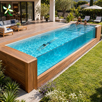 Piscine hors sol en fibre de verre avec revêtement aspect bois haut de gamme, entrée latérale, pour jardin, terrasse et spa jacuzzi extérieur