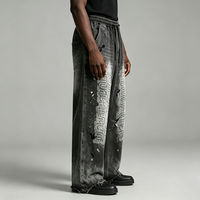 Pantalon ample vintage délavé à cordon de serrage, imprimé DTG Kornit motif tablette craquelée, bords bruts déchirés