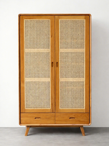 Midcentury Modern 2 Door Rattan Cane <b>Wardrobe</b> with 2 <b>Drawers</b> Solid Wood Freestanding Bedroom Armoire - Product Image 2