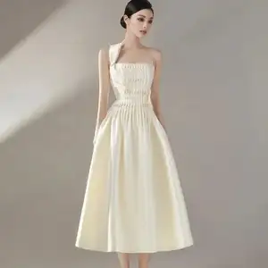 Bettergirl In stock heavy industry French strap dress Summer Bow white dress special interest light luxury dress