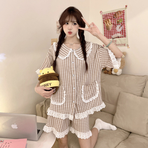 Pyjama imprimé bulles pour femme, ensemble haut à manches courtes et short en coton teint à la filière à carreaux, col princesse doux, idéal pour l'été - Product Image 6
