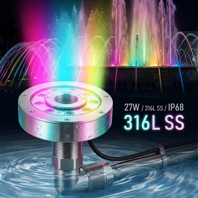 3 Years Warranty YK-FT104 9X3W 316L Stainless Steel High Power 27W DC24V White RGB IP68 Waterproof LED Fountain Ring Light
