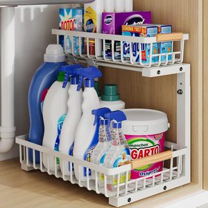 Double Tier <b>Standing</b> Kitchen Alloy Steel Sink Storage Shelves Height Adjustable Pull Cabinet Organizer Eco-Friendly - Product Image 1