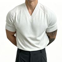 T-shirt tricoté à manches courtes pour hommes, col en V, coupe ajustée, en soie glacée, couleur unie, vêtements d'été pour adolescents