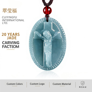 Pendentif en Jadeite Naturelle Bleu Eau de Jais, Bijou UNISEXE, Design Original Sculpté, Religion FG08 - Product Image 1