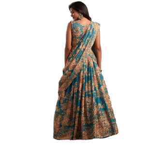 Combinaison de fête en organza imprimé floral bleu sarcelle Festive Lehenga Choli - Product Image 1