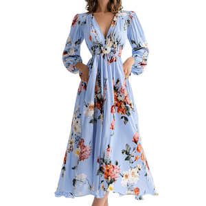 Vendita calda da donna con scollo <span class=keywords><strong>a</strong></span> V <span class=keywords><strong>a</strong></span> vita lunga maniche <span class=keywords><strong>a</strong></span> <span class=keywords><strong>palloncino</strong></span> <span class=keywords><strong>a</strong></span> vita alta <span class=keywords><strong>abiti</strong></span> stampati <span class=keywords><strong>a</strong></span> fiori donna <span class=keywords><strong>taglie</strong></span> <span class=keywords><strong>forti</strong></span> abito Casual - Product Image 2