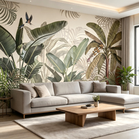 Papier peint toile personnalisé style cabane forestière à thème végétal, forêt tropicale, pour salon et chambre
