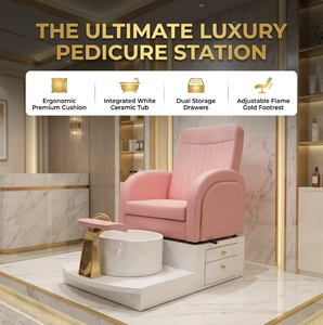 Fauteuil de pédicure rose poudré de luxe avec deux tiroirs de rangement et bassin en céramique blanc - Station de pédicure professionnelle pour techniciennes d'onglerie - Product Image 1