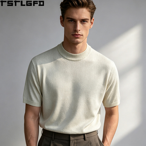 Custom Old Money Mock Neck Knit <b>T</b>-<b>Shirt</b> Men <b>Cream</b> Short Sleeve Slim Fit Ribbed Wholesale Bulk - Product Image 5