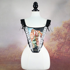 Corsé amarillo para mujer con encaje frontal, top moldeador con cordones y varillas, estilo pintura al óleo, chaleco corsé para disfraz de escenario, cintura simulada - Product Image 5