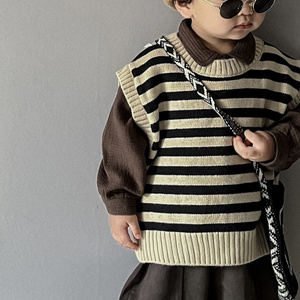 Vêtements d'automne en tricot de coton pour enfants, gilet sans manches rayé, <span class=keywords><strong>pull</strong></span> pour garçons et filles, nouveau <span class=keywords><strong>pull</strong></span> en coton à col en V - Product Image 3
