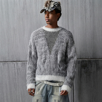 Herren Atmungsaktiver Pullover Rundhals Übergroßer Schnitt Gestreiftes Muster Warmer Mohair-Strick Rückenlogo Herbst Winter