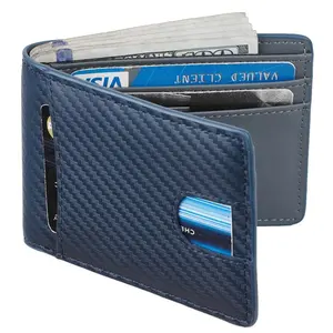Billetera de cuero de fibra de carbono para hombre, billetera personalizada NFC Anti RFID con bolsillo frontal