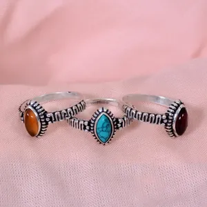 Boho TRIBAL Marquise แหวนทองเหลืองชุบเงินปรับได้กับพลอยโกเมนสีเขียวขุ่นสำหรับเครื่องประดับผู้หญิง - Product Image 2