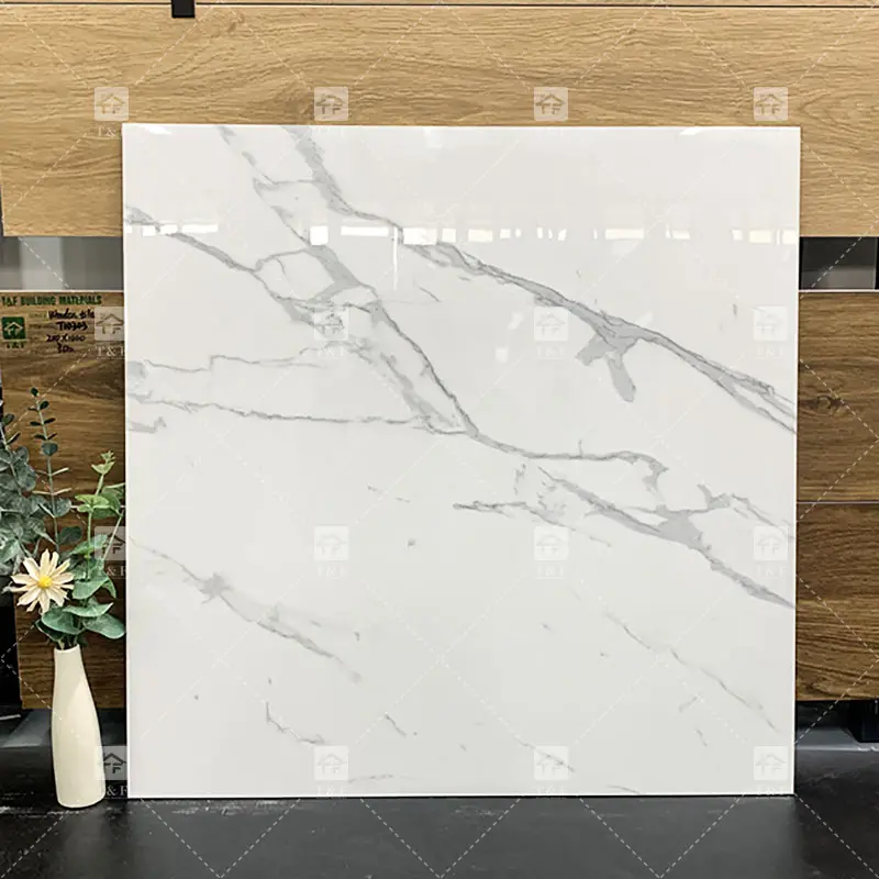 600x600 800x800 Porcelanato Glazed Tile Full Body Polished Glossy Surface Carrara White Marble Look Tile