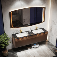 Set Perlengkapan Kamar Mandi Mewah Modern dari Kayu Solid Terapung dengan Wastafel Terintegrasi Batu Sinter dan Kabinet Cermin LED Pintar