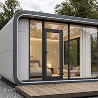 Maison conteneur portable en structure acier avec espace de vie sur deux niveaux, terrasse sur le toit et escalier
