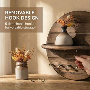 <span class=keywords><strong>Porte</strong></span>-clés mural rond en <span class=keywords><strong>bois</strong></span>, organiseur de courrier pour entrée, étagère flottante murale, crochets multiples, décoration murale vintage style ferme - Product Image 5