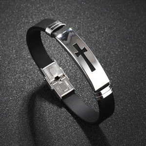 Fashion Trendy Casual <b>Men's</b> Religious Jewelry Gift Stainless Steel No Fade Cross Black Silicone Strap <b>Bangle</b> - Product Image 1