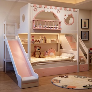 Cama litera <span class=keywords><strong>de</strong></span> madera maciza JS Pink Cute Princess Castle, juego <span class=keywords><strong>de</strong></span> muebles para dormitorio <span class=keywords><strong>de</strong></span> niñas con espacio <span class=keywords><strong>de</strong></span> almacenamiento, área <span class=keywords><strong>de</strong></span> juegos, cama infantil para habitación <span class=keywords><strong>de</strong></span> niñas - Product Image 1